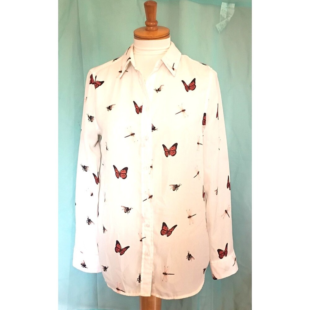 COMO BLU Butterfly Dragonfly Bumblebe Print Semi Sheer White Blouse Size M